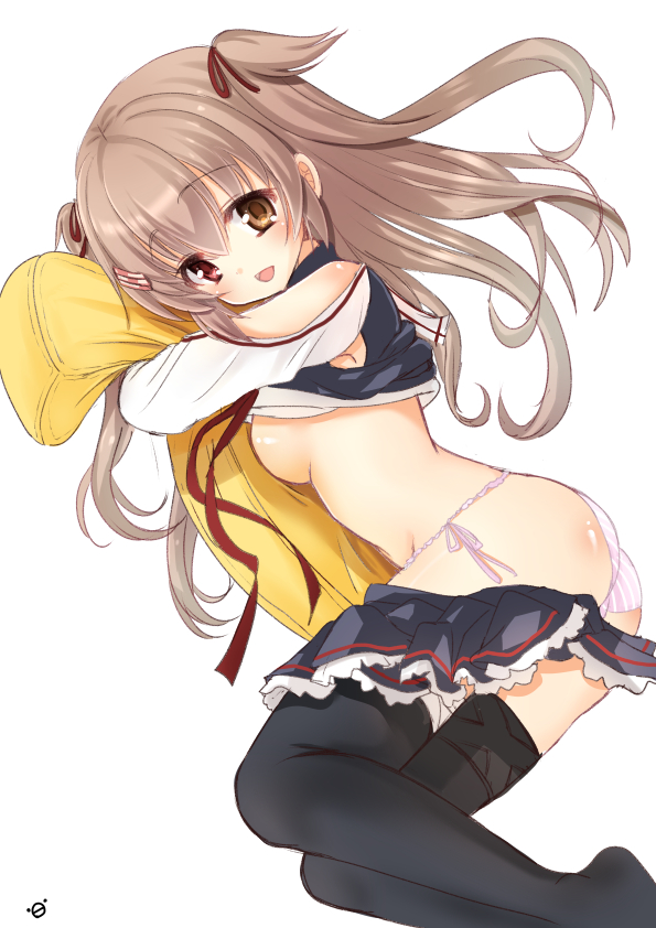 :d ass bangs black_legwear black_shirt black_skirt blush breasts brown_eyes brown_hair chize eyebrows_visible_through_hair feet_out_of_frame hair_between_eyes hair_ribbon heterochromia kantai_collection long_hair looking_at_viewer medium_breasts murasame_(kantai_collection) no_bra no_shoes open_mouth panties pillow pillow_hug pink_panties pleated_skirt red_eyes red_ribbon remodel_(kantai_collection) ribbon shirt shirt_lift side-tie_panties sideboob simple_background skirt skirt_pull smile solo striped striped_panties thighhighs two_side_up underwear very_long_hair white_background