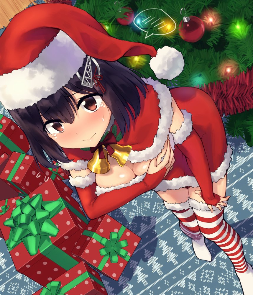 ac_107 bangs bell black_hair blush bow box breast_hold breasts bridal_gauntlets brown_eyes capelet christmas christmas_ornaments christmas_tree cleavage closed_mouth covering covering_breasts dress embarrassed flying_sweatdrops from_above fur_trim gift gift_box haguro_(kantai_collection) hair_between_eyes hair_ornament hat kantai_collection leaning_forward looking_at_viewer medium_breasts nose_blush red_bow red_capelet red_dress santa_costume santa_hat short_hair solo spoken_blush standing striped striped_legwear tears thighhighs zettai_ryouiki