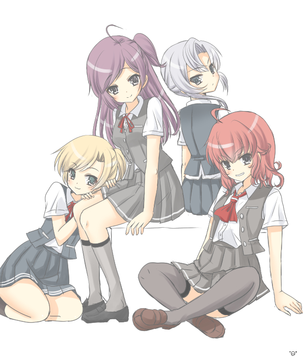 arashi_(kantai_collection) ascot bangs black_footwear black_legwear black_skirt black_vest blonde_hair blush breasts brown_footwear chize closed_mouth collared_shirt eyebrows_visible_through_hair grey_eyes grey_legwear grey_skirt grey_vest grin hagikaze_(kantai_collection) hair_between_eyes kantai_collection kneehighs loafers long_hair maikaze_(kantai_collection) multiple_girls neck_ribbon nowaki_(kantai_collection) one_side_up open_clothes open_vest purple_hair red_hair red_neckwear red_ribbon ribbon shirt shoes short_sleeves silver_hair sitting skirt small_breasts smile swept_bangs thighhighs very_long_hair vest white_background white_shirt