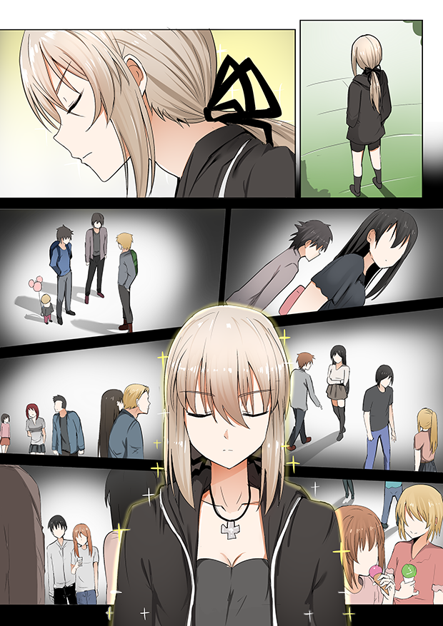 6+girls artoria_pendragon_(all) black_footwear black_jacket black_ribbon black_shorts blonde_hair closed_eyes comic commentary_request cross cross_necklace faceless faceless_female faceless_male fate/grand_order fate_(series) food ginhaha hair_ribbon ice_cream jacket jewelry medium_hair multiple_boys multiple_girls necklace ponytail ribbon saber_alter short_shorts shorts sparkle