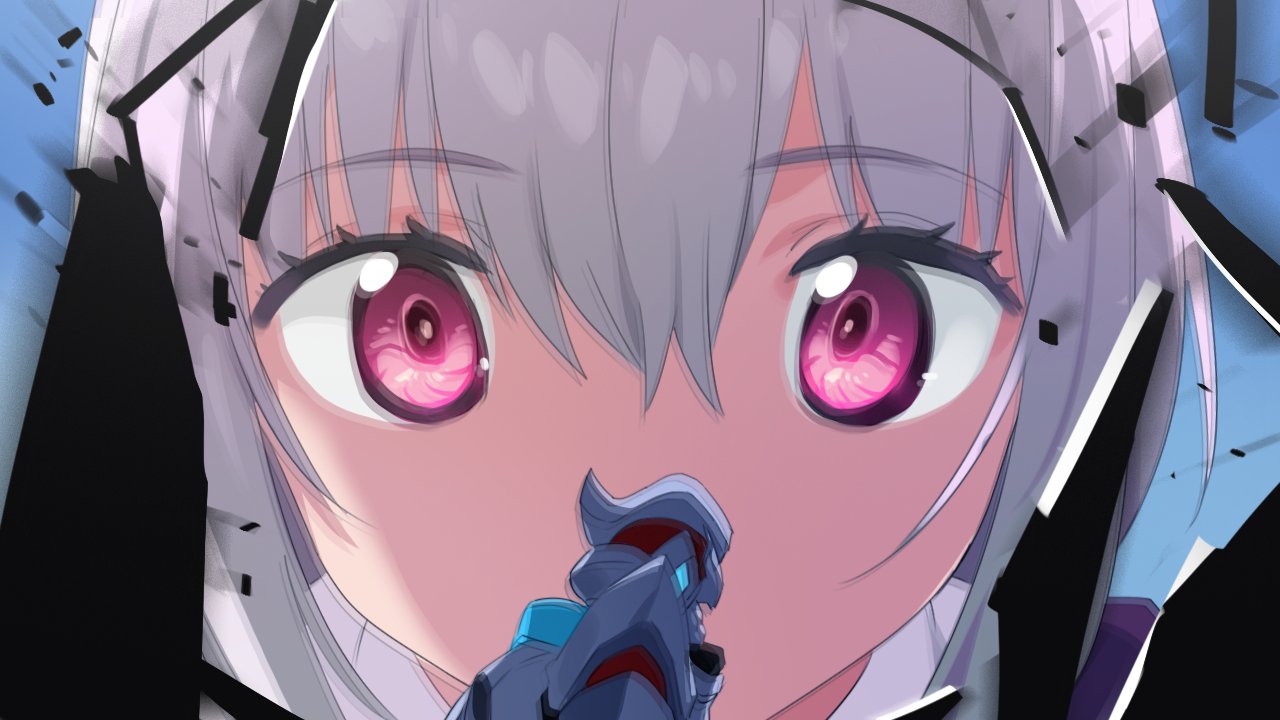 1girl bob_cut debris explosion giantess gridman_(ssss) lavender_hair letterboxed looking_at_another male_focus pink_eyes role_reversal shinjou_akane short_hair ssss.gridman window yang-do