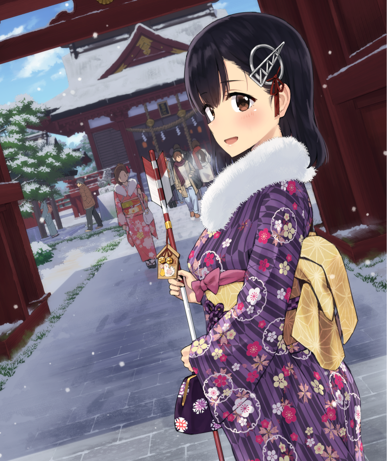 :d ac_107 arrow bangs black_hair blush breath brown_eyes commentary_request dutch_angle eyebrows_visible_through_hair fur_trim haguro_(kantai_collection) hair_ornament hairpin hamaya japanese_clothes kantai_collection kimono long_sleeves looking_at_viewer looking_back new_year obi open_mouth sash short_hair smile snow snowing solo_focus torii wide_sleeves
