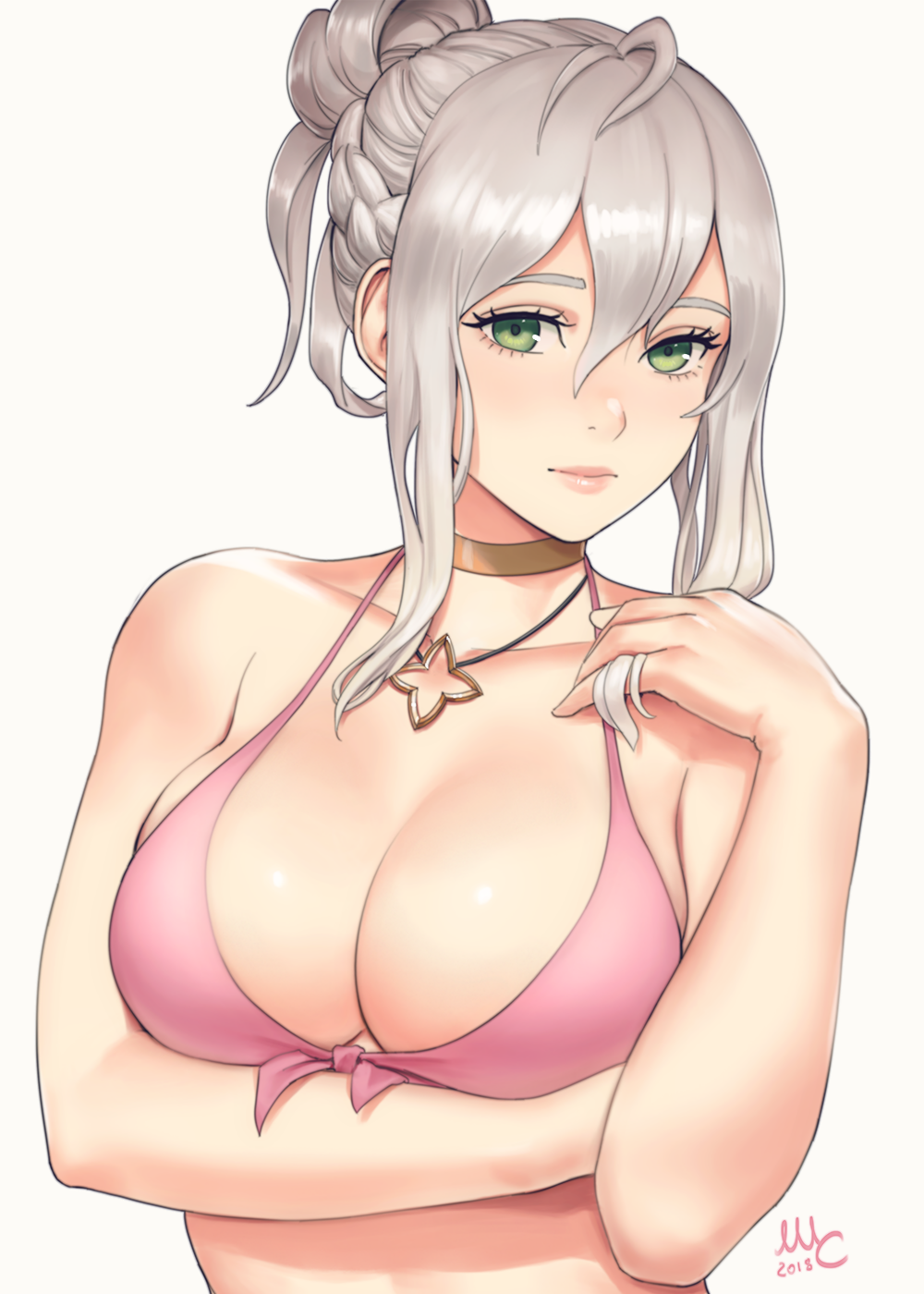 ahoge bikini breasts choker cleavage collarbone commentary elfi_(fire_emblem_if) english_commentary fire_emblem fire_emblem_heroes fire_emblem_if green_eyes hair_between_eyes highres jewelry large_breasts looking_at_viewer necklace pink_bikini pink_bikini_top sciamano240 signature silver_hair simple_background solo summer swimsuit upper_body white_background