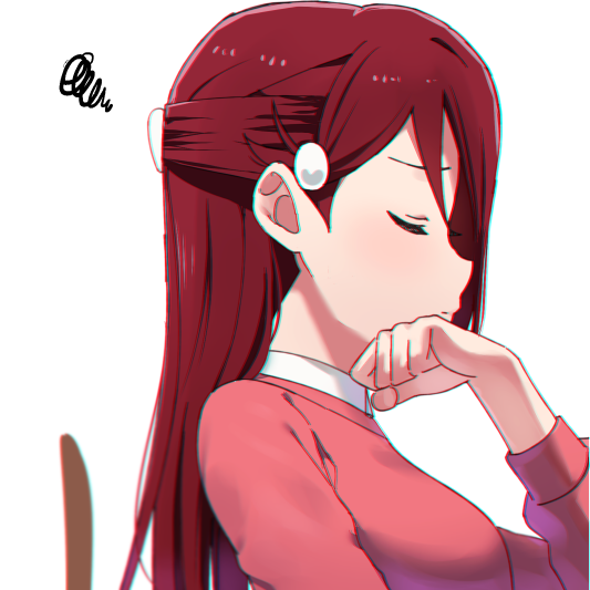 chin_rest chromatic_aberration clenched_hand closed_eyes from_side frown hair_ornament hairclip half_updo long_hair long_sleeves love_live! love_live!_sunshine!! pink_shirt profile red_hair sakurauchi_riko sellel shirt simple_background solo squiggle white_background