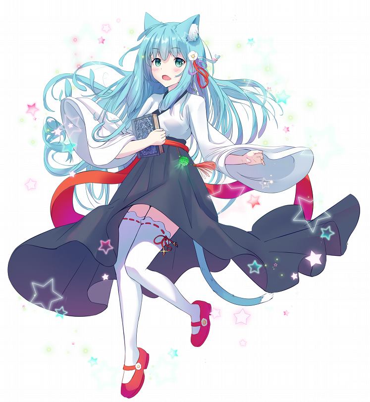 :d animal_ears black_skirt blue_eyes blue_hair book cat_ears cat_girl cat_tail flower full_body hair_flower hair_ornament hair_ribbon holding holding_book japanese_clothes long_hair looking_at_viewer mary_janes miko open_mouth original pink_footwear red_ribbon ribbon shoes simple_background skirt smile solo star tail thighhighs white_legwear wide_sleeves