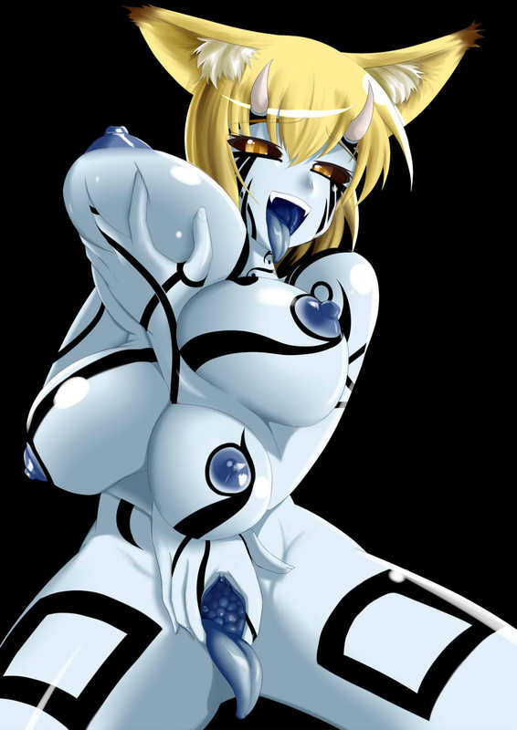 2009 4_breasts animal_humanoid anus big_breasts black_sclera blonde_hair breasts butt comic corruption demon female fox_humanoid grin hair hand_on_breast horn humanoid looking_at_viewer multi_breast nipples nude post_transformation pussy pussy_mouth ran_yakumo simple_background smile solo tamakko tattoo tongue tongue_out touhou yellow_eyes