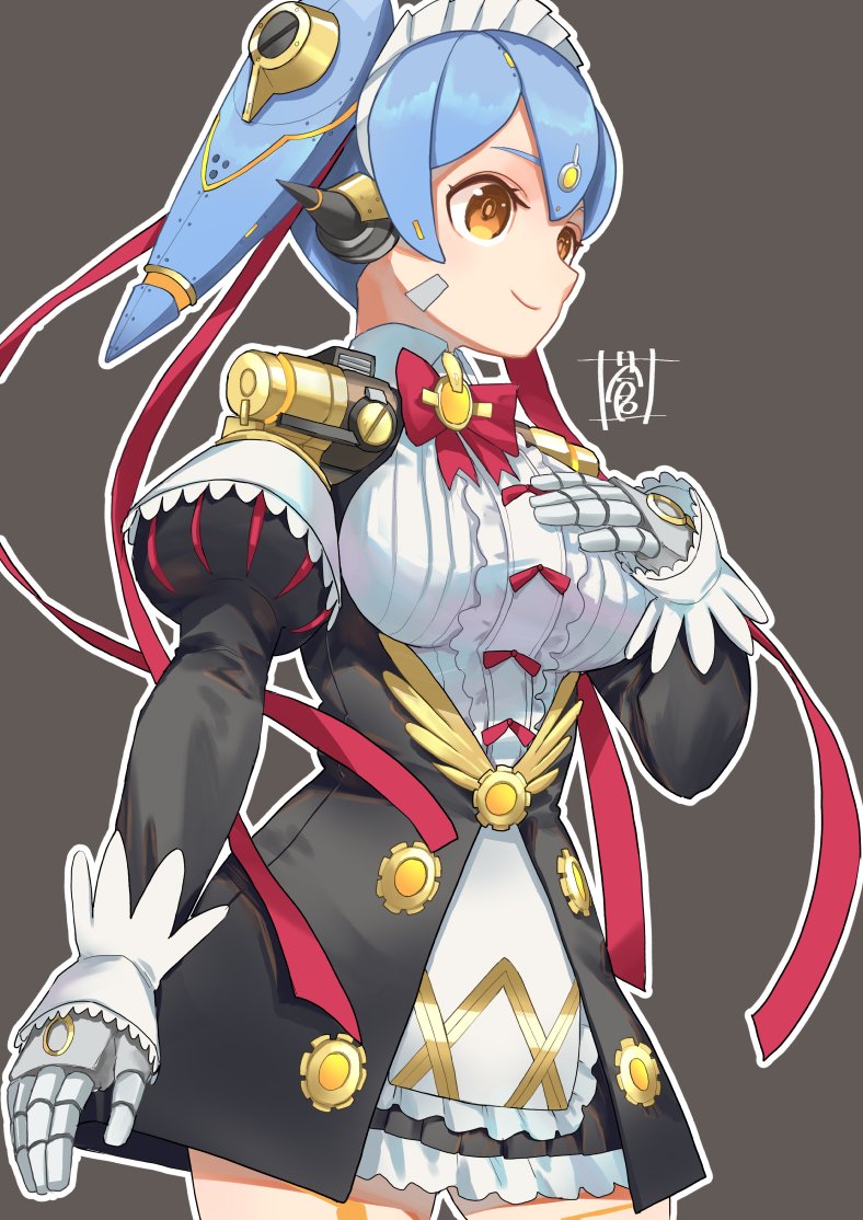 android blush breasts hair_ornament hana_(xenoblade) hana_jk long_hair maid_headdress orange_eyes purple_hair robot_joints short_hair simple_background smile solo sou_(pale_1080) spoilers twintails xenoblade_(series) xenoblade_2