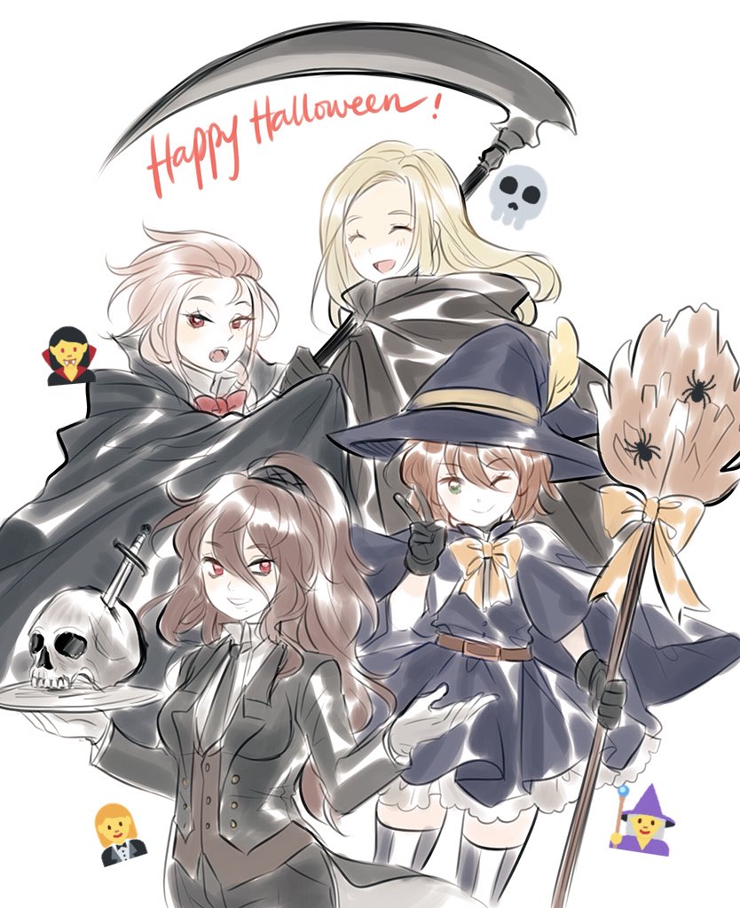 blonde_hair braid brown_hair dress elbow_gloves formal gloves h'aanit_(octopath_traveler) hair_bobbles hair_ornament halloween hat holding holding_scythe holding_weapon jewelry long_hair looking_at_viewer multiple_girls necklace octopath_traveler open_mouth ophilia_(octopath_traveler) ponytail primrose_azelhart red_eyes scythe short_hair skull smile suit tressa_(octopath_traveler) vampire weapon witch