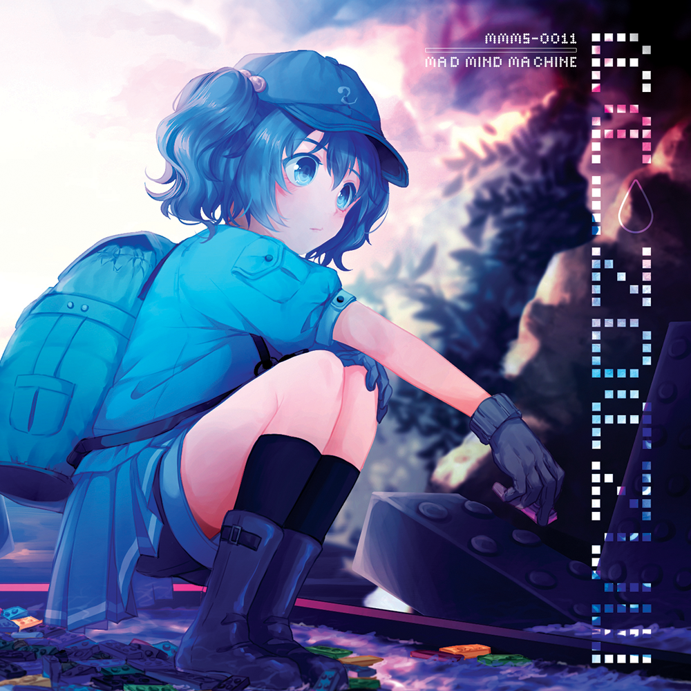 album_cover backpack bag black_shorts blue blue_backpack blue_eyes blue_footwear blue_hair blue_hat blue_jacket blue_skirt blurry blurry_background boots closed_mouth cover expressionless full_body hair_between_eyes hair_bobbles hair_ornament hand_on_own_knee hat jacket kawashiro_nitori lego_brick looking_down monicanc outdoors outstretched_arm pleated_skirt pocket rubber_boots short_hair shorts shorts_under_skirt skirt socks solo squatting touhou two_side_up