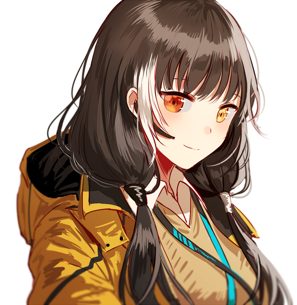 bangs black_hair blush cardigan closed_mouth collared_shirt commentary_request girls_frontline headset heterochromia hood hood_down hooded_jacket jacket lanyard long_hair looking_at_viewer multicolored_hair open_clothes open_jacket orange_eyes ro635_(girls_frontline) shirt sidelocks silence_girl simple_background smile solo streaked_hair twintails upper_body white_background white_hair white_shirt yellow_eyes