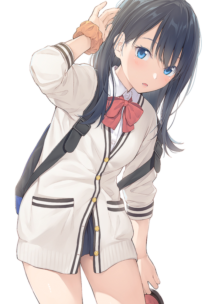 backpack bag bangs black_hair black_skirt blue_eyes blush bow bowtie cardigan commentary_request eyebrows_visible_through_hair long_hair long_sleeves looking_at_viewer microskirt mikazuchi_zeus open_mouth orange_scrunchie pleated_skirt red_neckwear school_uniform scrunchie shirt simple_background skirt solo ssss.gridman standing sweater takarada_rikka thighs white_background white_cardigan white_shirt white_sweater wrist_scrunchie
