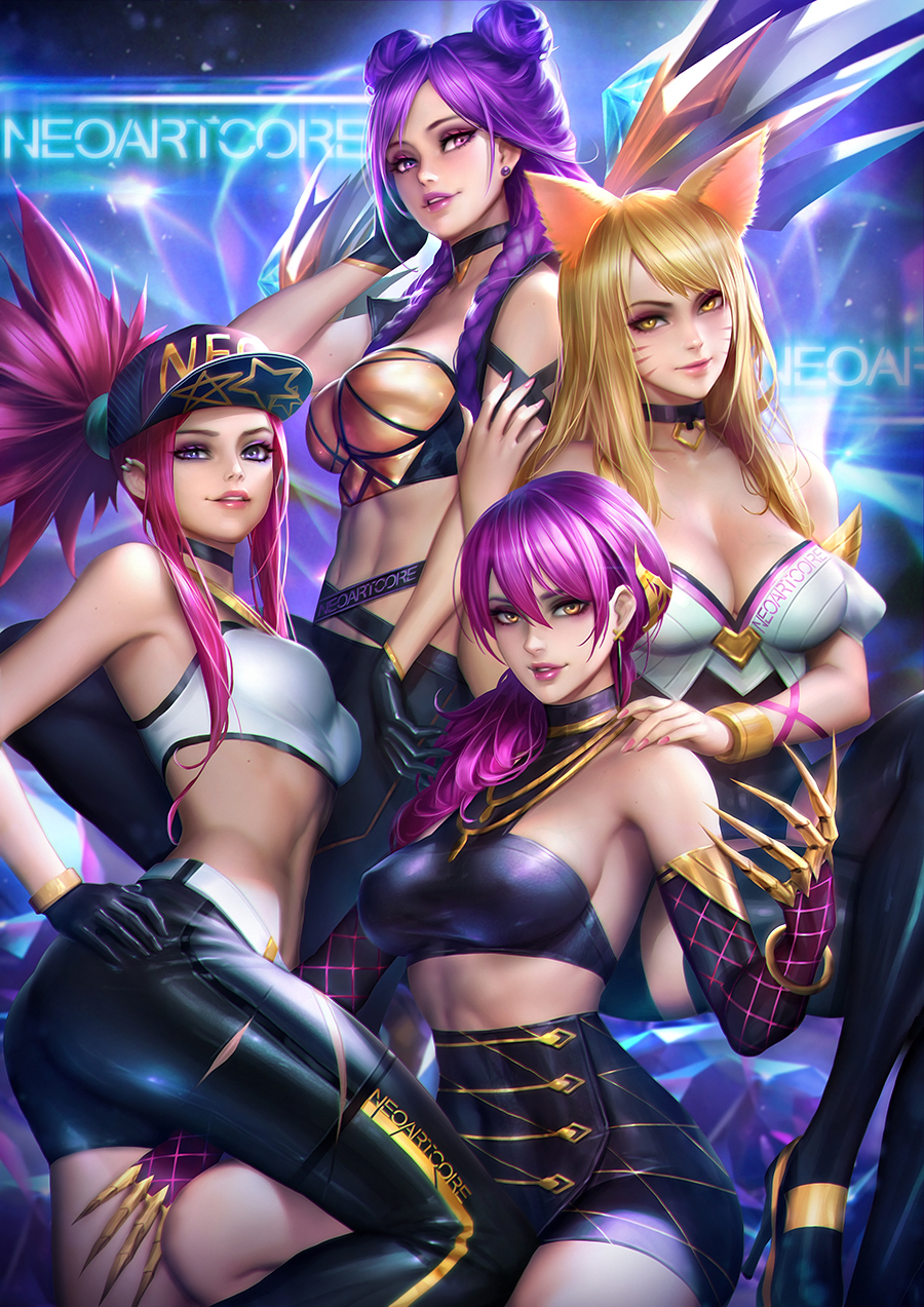 ahri akali animal_ears artist_name asymmetrical_clothes bare_shoulders baseball_cap blonde_hair bracelet braid breasts choker claws cleavage double_bun ear_piercing earrings elbow_gloves evelynn facial_mark fox_ears fox_tail gloves group_picture halter_top halterneck hat high_heels highres idol jewelry k/da_(league_of_legends) k/da_ahri k/da_akali k/da_evelynn k/da_kai'sa kai'sa large_breasts league_of_legends lips lipstick long_hair looking_at_viewer makeup medium_breasts midriff multiple_girls nail_polish nudtawut_thongmai pants parted_lips piercing ponytail purple_eyes purple_hair red_hair single_pantsleg smile strapless stud_earrings tail thighhighs tubetop twin_braids whisker_markings yellow_eyes