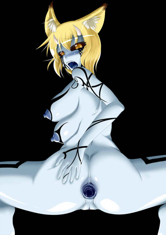 2009 4_breasts animal_humanoid anus big_breasts black_sclera blonde_hair blush breasts butt comic corruption demon female fox_humanoid gaping gaping_anus hair hand_on_butt horn humanoid looking_at_viewer multi_breast nipples nude post_transformation pussy ran_yakumo simple_background solo tamakko tattoo tongue touhou yellow_eyes