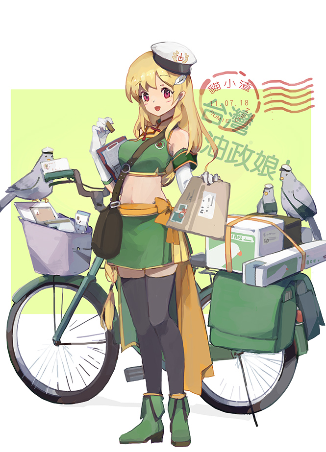 :d animal bag bicycle bird black_legwear blonde_hair blush boots breasts clipboard commentary_request crop_top elbow_gloves gloves green_background green_footwear green_shirt green_skirt ground_vehicle hat head_tilt holding long_hair looking_at_viewer medium_breasts navel open_mouth original peaked_cap postage_stamp red_eyes shadowsinking shirt shoulder_bag skirt sleeveless sleeveless_shirt smile solo standing thighhighs tilted_headwear translation_request two-tone_background very_long_hair white_background white_gloves white_hat