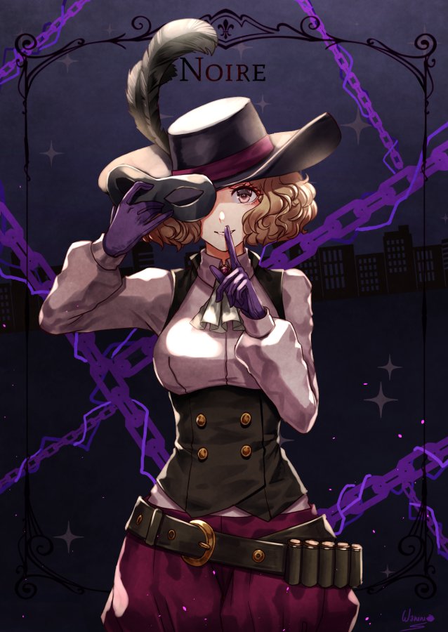 black_feathers black_hat brown_eyes card_(medium) chain cowboy_shot gloves grey_shirt grin hat hat_feather hat_ribbon holding holding_mask index_finger_raised long_sleeves looking_at_viewer mask okumura_haru pants persona persona_5 purple_gloves purple_pants purple_ribbon ribbon shirt signature smile solo standing wani_(fadgrith)