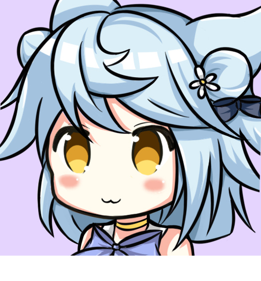 :3 animal_ears azur_lane bangs bare_shoulders black_bow blue_hair blush_stickers bow brown_eyes closed_mouth commentary_request double_bun eyebrows_visible_through_hair flower fubuki_(azur_lane) hair_bow hair_flower hair_ornament long_hair looking_away nagato-chan portrait purple_background purple_bow side_bun simple_background solo white_flower