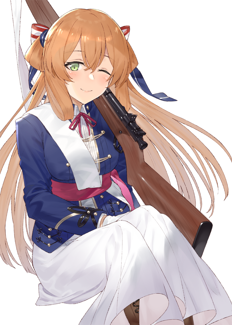 ;) bangs blue_jacket blush boots bow brown_footwear cross-laced_footwear eyebrows_visible_through_hair girls_frontline gloves green_eyes gun hair_between_eyes hair_bow hayashi_kewi head_tilt jacket lace-up_boots light_brown_hair long_hair long_sleeves looking_at_viewer m1903_springfield m1903_springfield_(girls_frontline) md5_mismatch object_namesake one_eye_closed rifle simple_background sitting skirt smile solo striped striped_bow two_side_up very_long_hair weapon white_background white_gloves white_skirt