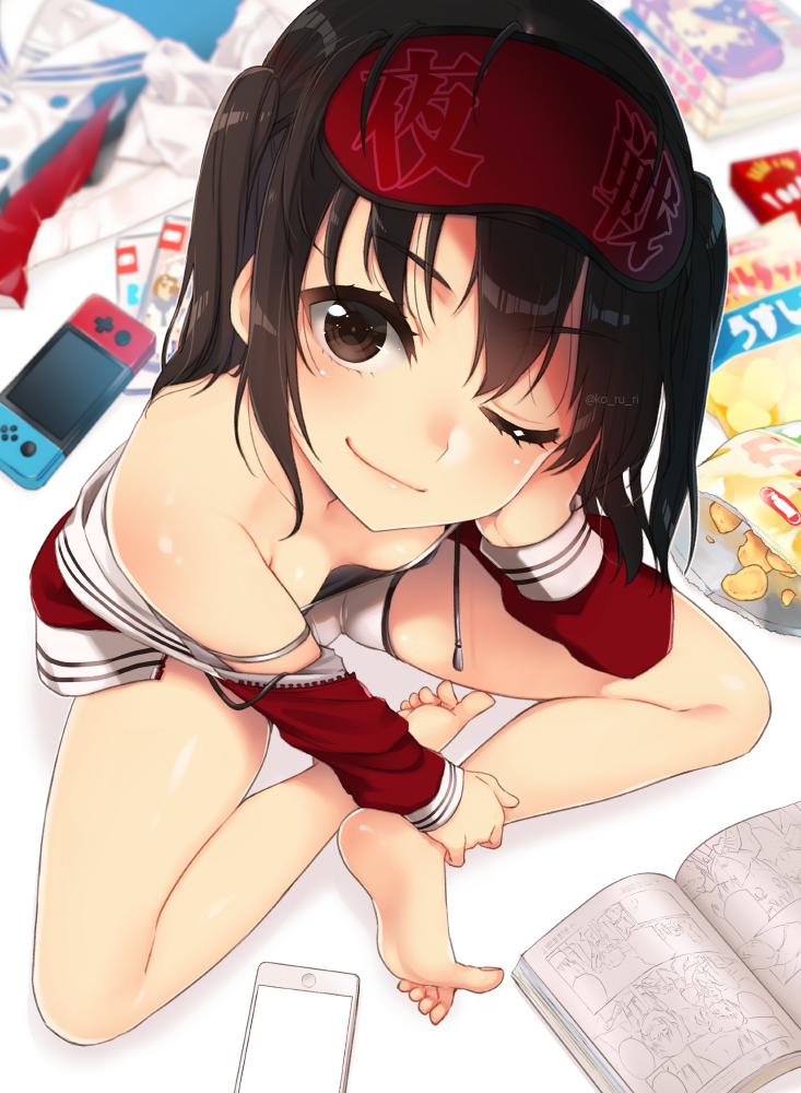 ;) alternate_costume artist_name bag_of_chips bangs bare_shoulders barefoot blurry blush body_blush breasts brown_eyes brown_hair chips closed_mouth commentary_request depth_of_field downblouse feet folded_leg food foreshortening from_above hand_on_own_cheek head_tilt indian_style jacket kantai_collection koruri long_hair long_sleeves looking_at_viewer looking_up magazine nintendo_switch off_shoulder one_eye_closed open_clothes open_jacket red_jacket sendai_(kantai_collection) shiny shiny_skin shorts sitting sleep_mask small_breasts smile solo spaghetti_strap strap_slip tareme toes two_side_up unzipped white_shorts