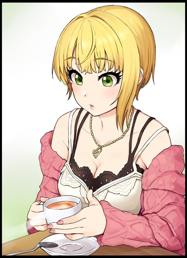 bangs bare_shoulders blonde_hair blush breasts cardigan cleavage collarbone cup eyelashes green_eyes heart heart_necklace idolmaster idolmaster_cinderella_girls medium_breasts miyamoto_frederica off_shoulder omaru_gyuunyuu open_cardigan open_clothes parted_lips pink_sweater short_hair solo spoon steam sweater white_camisole
