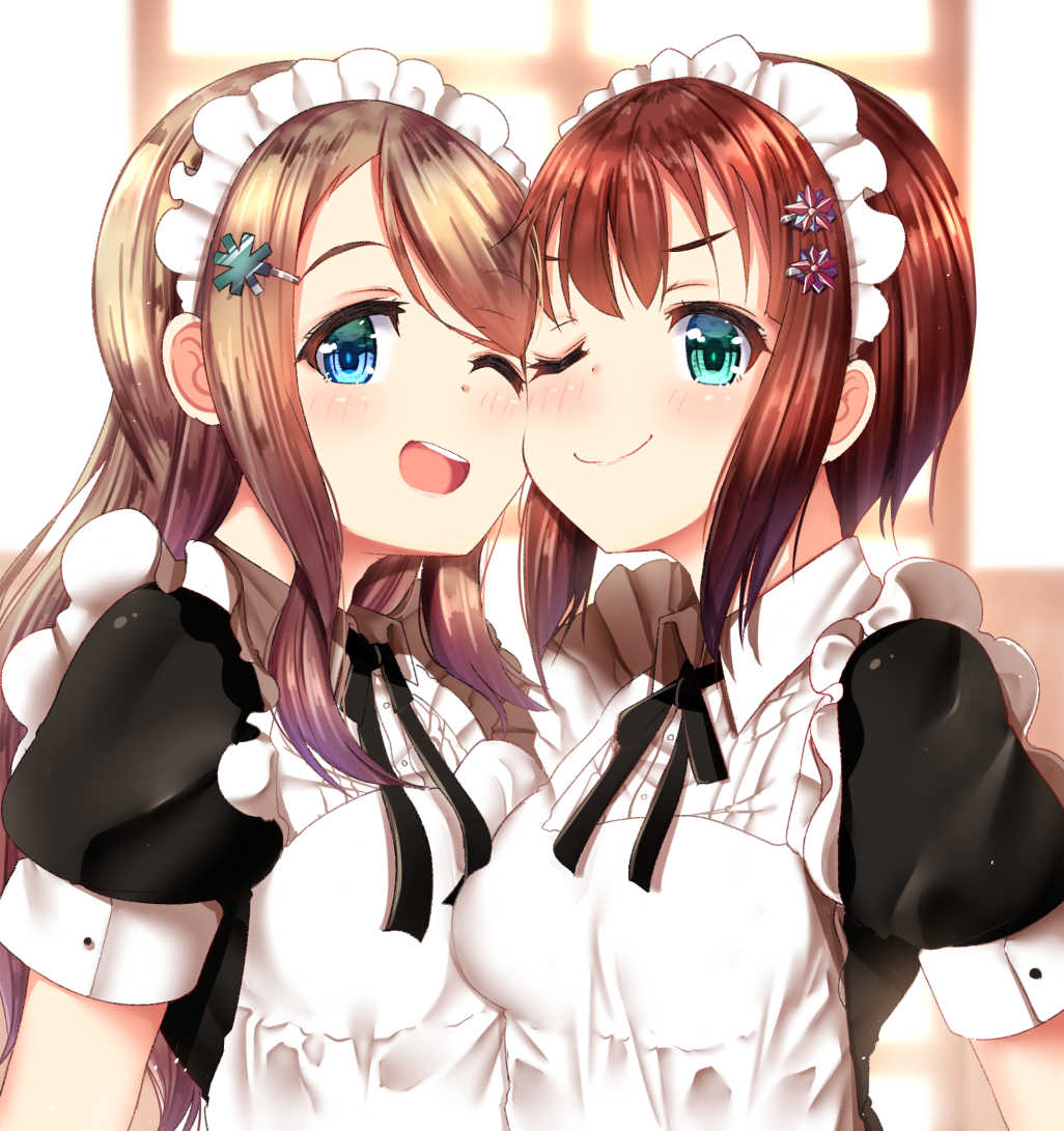 ;) ;d alternate_costume apron ayase_arisa black_dress black_ribbon blue_eyes blurry blurry_background blush breasts brown_hair cheek-to-cheek collared_dress commentary_request depth_of_field dress enmaided green_eyes hair_ornament hairclip kousaka_yukiho long_hair love_live! love_live!_school_idol_project mad_(hazukiken) maid medium_breasts multiple_girls neck_ribbon one_eye_closed open_mouth puffy_short_sleeves puffy_sleeves ribbon short_sleeves smile upper_body upper_teeth very_long_hair white_apron window