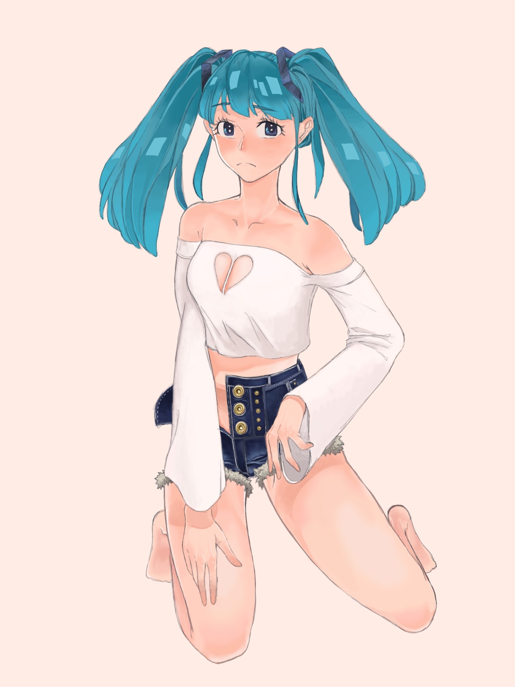 alternate_costume aqua_hair bangs blue_eyes blush breasts cappuccino-caffe cleavage_cutout collarbone crop_top denim denim_shorts eyebrows_visible_through_hair full_body hatsune_miku highres kneeling long_hair long_sleeves looking_at_viewer medium_breasts off-shoulder_shirt off_shoulder open_clothes open_shorts orange_background shirt short_shorts shorts simple_background solo twintails vocaloid white_shirt wide_sleeves