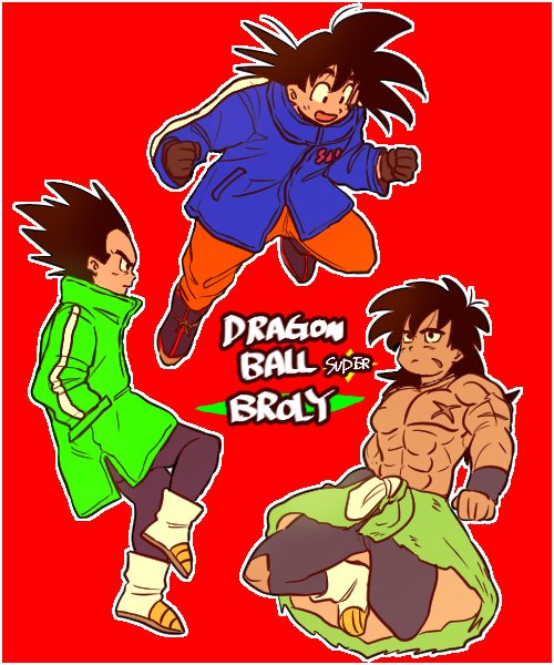 :d aida_kaiko black_gloves black_hair blue_coat boots border broly_(dragon_ball_super) character_name chest_scar coat commentary_request copyright_name dragon_ball dragon_ball_super dragon_ball_super_broly expressionless floating gloves green_coat hand_in_pocket happy long_hair looking_away looking_down looking_up male_focus multiple_boys open_mouth profile red_background scar serious shirtless short_hair simple_background smile son_gokuu spiked_hair torn_clothes torn_legwear vegeta white_border wristband