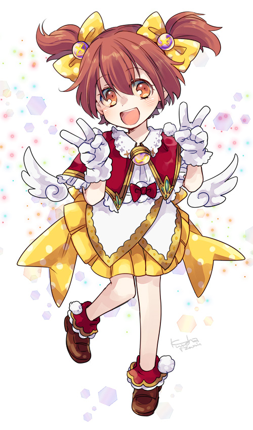 arc_the_lad arc_the_lad_ii blush bobby_socks bow breasts choko_(arc_the_lad) commentary_request dress hair_ribbon happy izumi_kouyou long_hair looking_at_viewer open_mouth red_eyes red_hair ribbon shawl shoes short_hair short_twintails skirt smile socks solo twintails yellow_bow