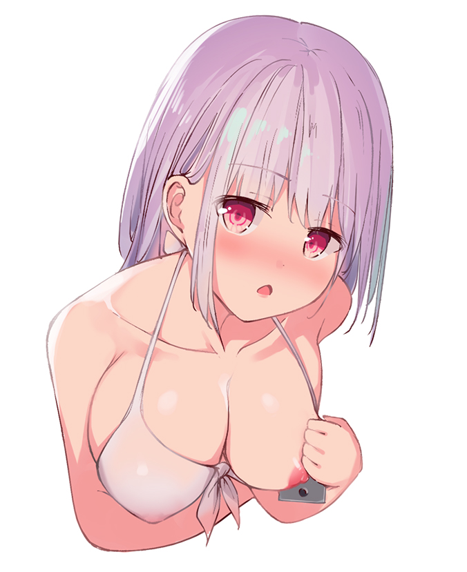 :o bikini_top blush breasts cellphone collarbone eyebrows_visible_through_hair holding holding_phone large_breasts lavender_hair looking_at_viewer nipples open_mouth phone prpr_friends red_eyes shinjou_akane short_hair simple_background solo ssss.gridman swimsuit upper_body white_background white_bikini_top