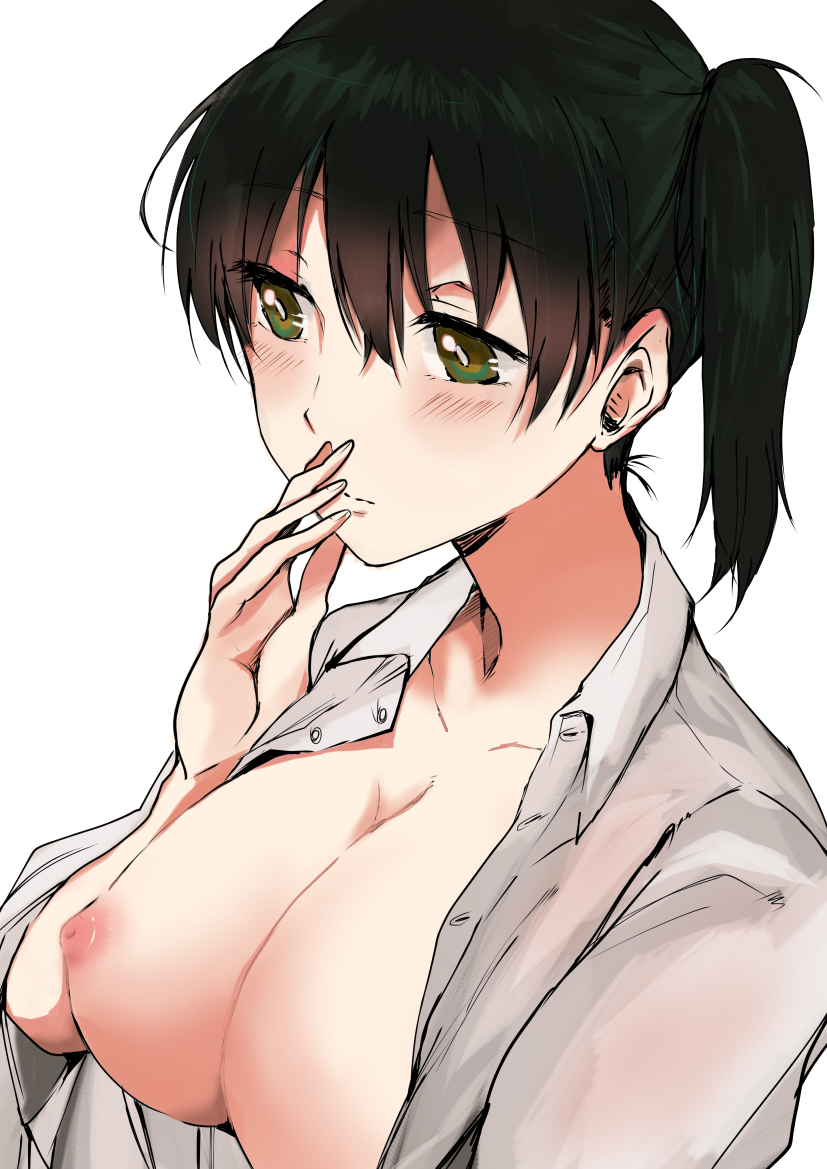 breasts brown_eyes brown_hair cleavage collarbone commentary_request hair_between_eyes hand_to_own_mouth kaga_(kantai_collection) kantai_collection large_breasts long_hair nipples open_clothes open_shirt pursed_lips side_ponytail unbuttoned unbuttoned_shirt upper_body white_background