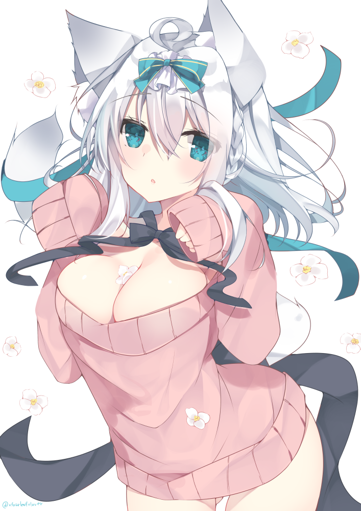 animal_ear_fluff animal_ears aqua_bow aqua_eyes aqua_ribbon ass_visible_through_thighs between_breasts black_bow black_ribbon blush bow breasts cat_ears cat_girl cat_tail chestnut_mouth cleavage commentary_request cowboy_shot dress eyebrows_visible_through_hair flower hair_between_eyes hair_braid hair_ribbon large_breasts leaning_forward long_hair long_sleeves looking_at_viewer naked_sweater original paw_pose pink_sweater ribbon satsuki_mayuri silver_hair simple_background sleeves_past_fingers sleeves_past_wrists solo sweater sweater_dress tail tail_ribbon white_background