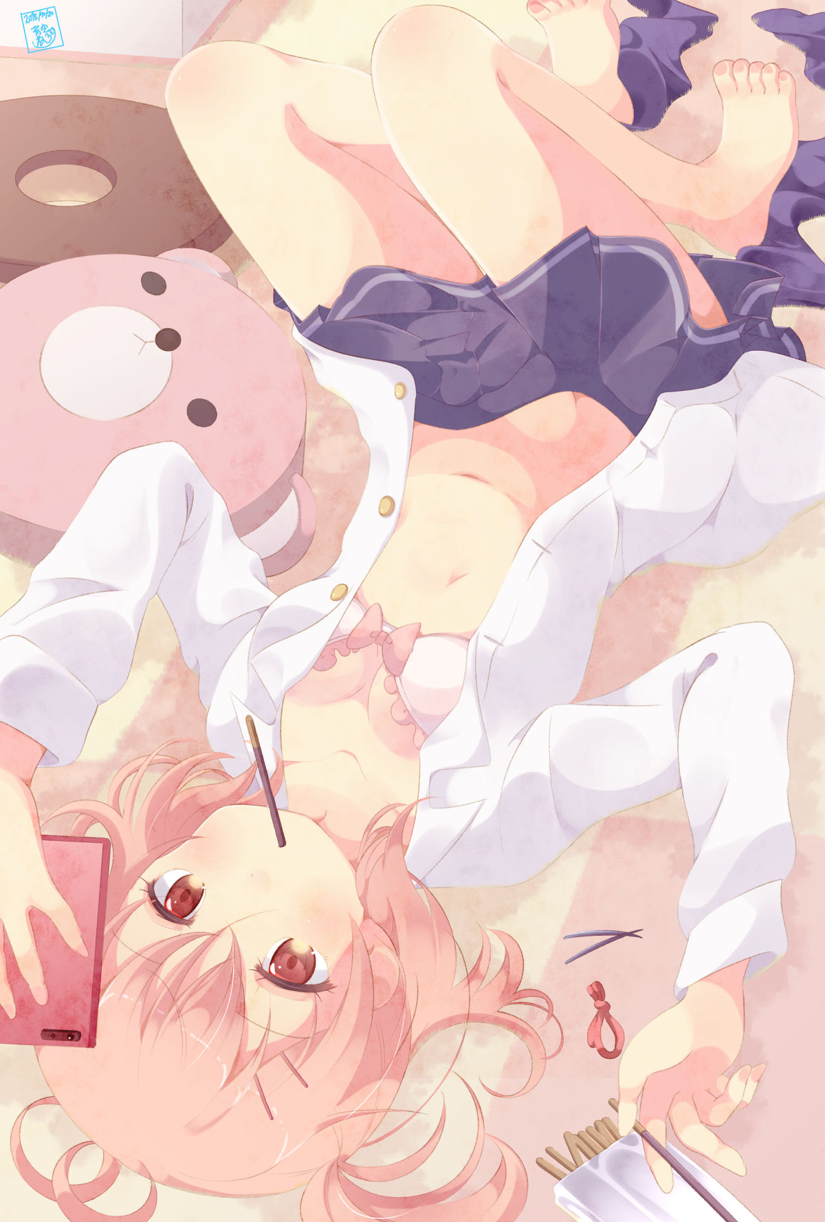 ahoge aosora_neko barefoot blue_skirt bow bow_bra bra brown_eyes cellphone collarbone cushion dress_shirt food from_above highres holding holding_food holding_phone legwear_removed lying mouth_hold navel on_back on_floor open_clothes open_shirt original phone pink_bra pink_hair pleated_skirt pocky school_uniform shirt skirt smartphone solo underwear upside-down white_shirt