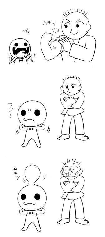 &gt;:) :d aoi_(comical_highway) bald barefoot bow bowtie chorus_man commentary_request flexing graphite_(medium) head_bump karate_joe mechanical_pencil multiple_boys muscle o_o open_mouth pencil pose rhythm_tengoku simple_background size_difference smile solid_circle_eyes traditional_media white_background white_skin