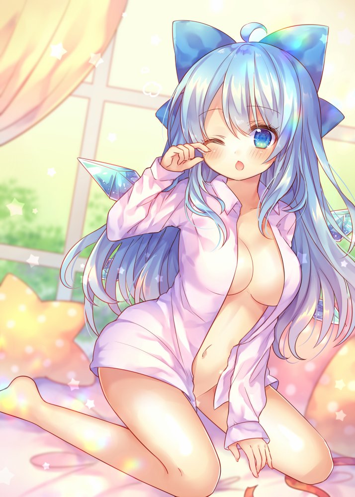;o ahoge alternate_breast_size alternate_hair_length alternate_hairstyle bangs bare_legs barefoot blue_bow blue_eyes blue_hair blue_wings blush bow breasts cirno collared_shirt commentary_request dress_shirt dutch_angle hair_bow ice ice_wings indoors large_breasts long_hair looking_at_viewer naked_shirt navel older on_bed one_eye_closed pillow pink_shirt pjrmhm_coa shirt sitting sleepy solo star_pillow touhou wariza window wing_collar wings yellow_pillow