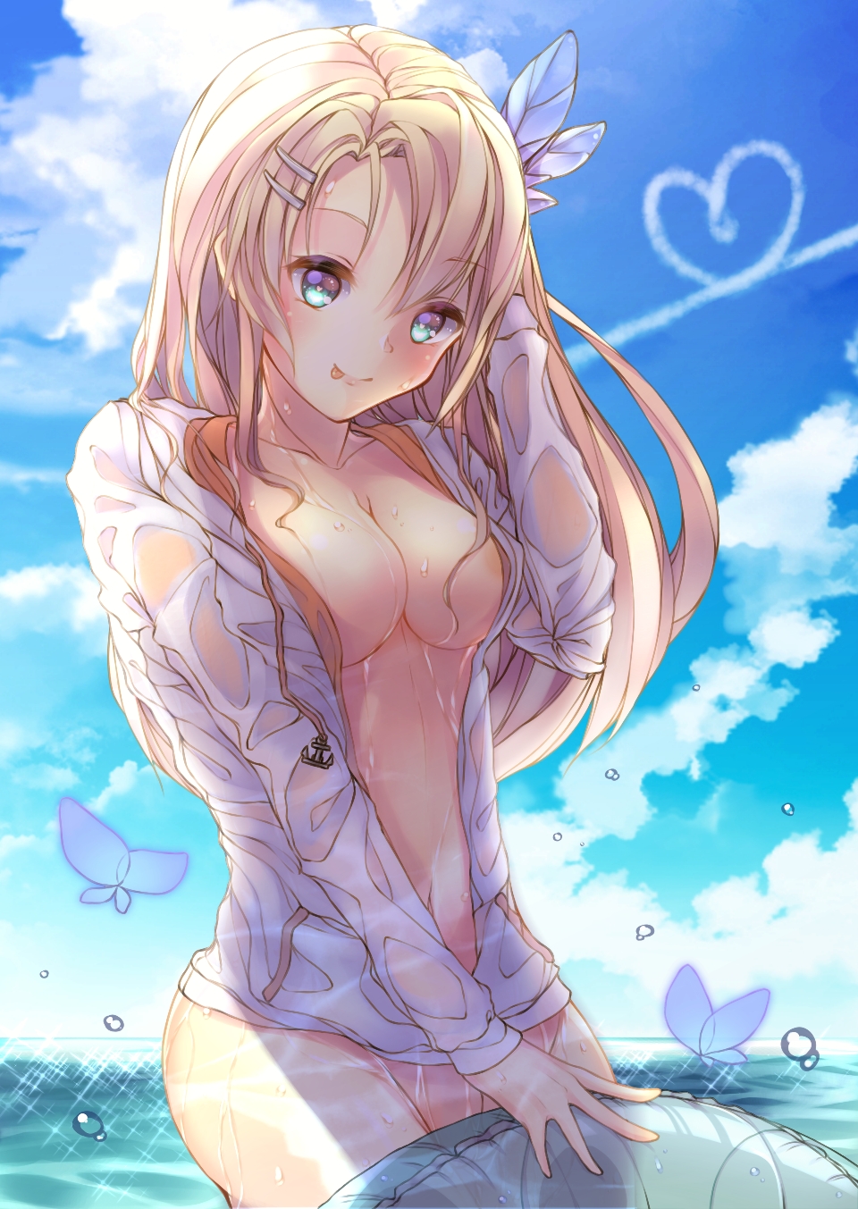 :p backlighting blonde_hair blue_eyes blue_sky bottomless breasts bug butterfly caustics cleavage cloud condensation_trail cowboy_shot day droplet feathers glint hair_feathers hair_ornament hairclip hand_in_hair hand_up heart highres innertube insect jacket long_hair looking_at_viewer medium_breasts naked_coat ocean open_clothes open_jacket saratoga_(zhan_jian_shao_nyu) sky solo thighs tokyoha1 tongue tongue_out unzipped wet wet_clothes wet_jacket zhan_jian_shao_nyu