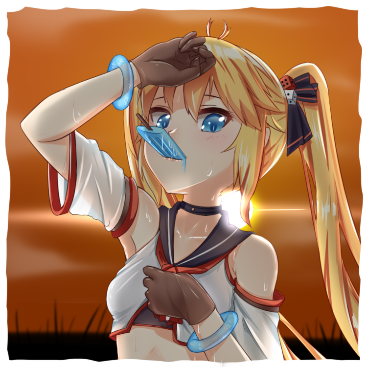 andrea_doria_(zhan_jian_shao_nyu) black_bow blonde_hair bow bracelet brown_gloves choker collarbone crop_top detached_sleeves dice_hair_ornament food glint gloves hair_bow hair_ornament hand_to_forehead hot jewelry lips long_hair looking_at_viewer lux_(pixiv4480548) melting neckerchief orange_sky popsicle sailor_collar short_sleeves sky solo sun sweat tsurime twintails upper_body zhan_jian_shao_nyu