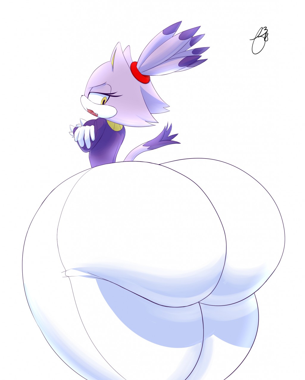 anthro big_butt blaze_the_cat butt cat clothed clothing dipstick_tail feline female fur hair hair_tie huge_butt huwon looking_back mammal multicolored_tail purple_fur purple_hair signature solo sonic_(series) thick_thighs yellow_eyes