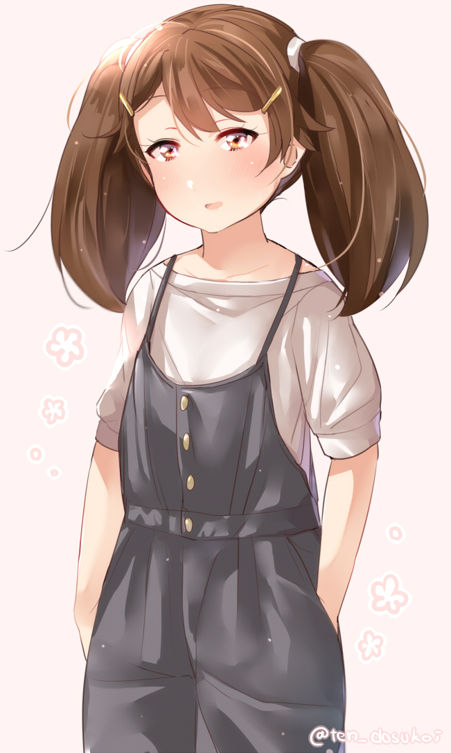 :d bangs bloom blush brown_hair buttons collarbone commentary_request eyebrows_visible_through_hair hands_in_pockets juurouta kantai_collection looking_at_viewer medium_hair off-shoulder_shirt open_mouth parted_bangs ryuujou_(kantai_collection) shirt short_sleeves sketch_eyebrows smile solo spaghetti_strap standing twintails twitter_username