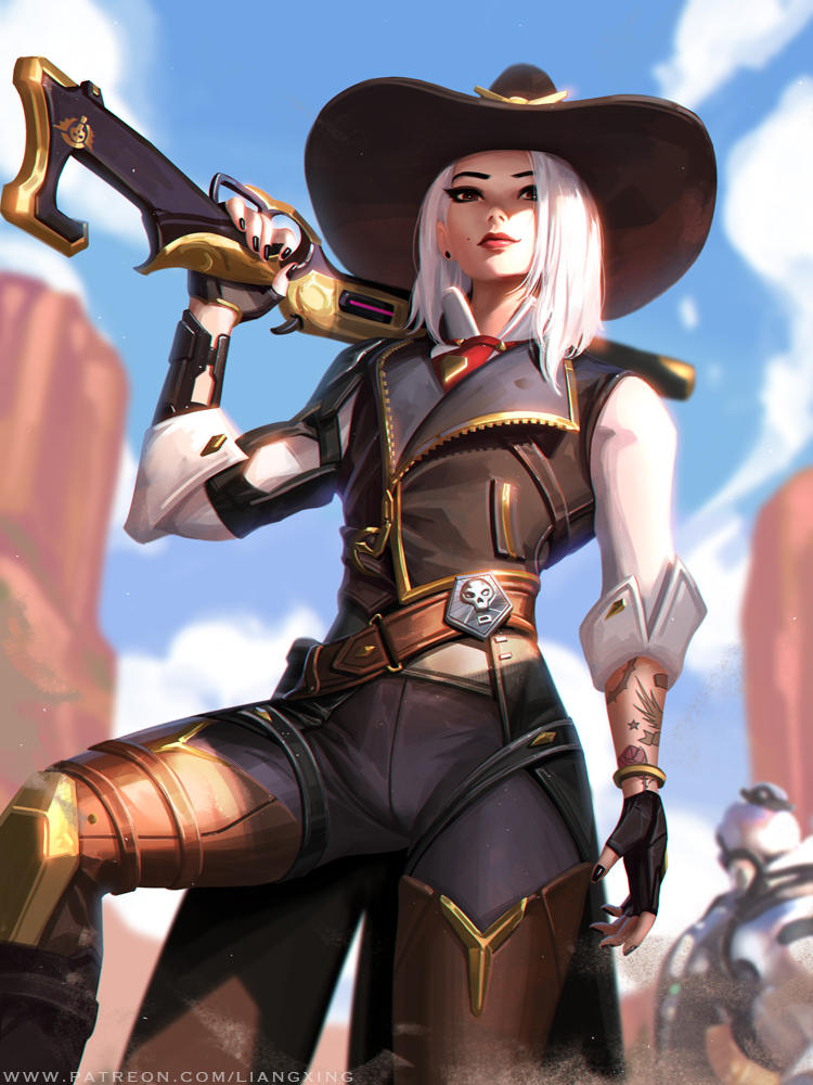 arm_at_side ashe_(overwatch) asymmetrical_clothes belt black_nails blue_sky bob_(overwatch) commentary cowboy_hat day eyeshadow fingerless_gloves gloves gun hat liang_xing lipstick looking_at_viewer loose_belt makeup medium_hair mole mole_above_mouth nail_polish over_shoulder overwatch red_lipstick rifle robot sky smile smoke solo_focus tattoo weapon weapon_over_shoulder white_hair