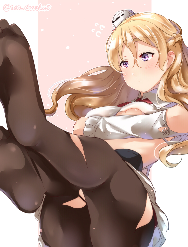 blonde_hair blush braid breasts closed_mouth commentary_request feet flying_sweatdrops french_braid frown furrowed_eyebrows hair_between_eyes juurouta kantai_collection large_breasts legs long_hair pink_background pov_feet purple_eyes soles solo thick_eyebrows toes torn_clothes torn_legwear twitter_username wing_collar zara_(kantai_collection)