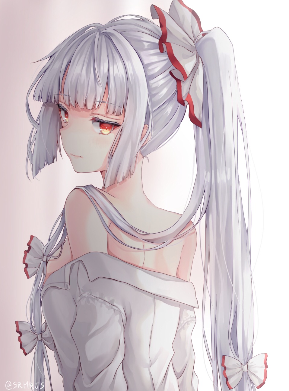 back bangs bare_shoulders blunt_bangs blunt_ends bow breasts closed_mouth dress_shirt expressionless from_behind fujiwara_no_mokou grey_background hair_bow half-closed_eyes highres long_hair looking_at_viewer looking_back medium_breasts multicolored multicolored_eyes nape no_bra off_shoulder pale_skin ponytail red_eyes shiny shiny_hair shiromoru_(yozakura_rety) shirt sidelocks simple_background solo touhou twitter_username two-tone_background undressing upper_body very_long_hair white white_background white_bow white_shirt yellow_eyes