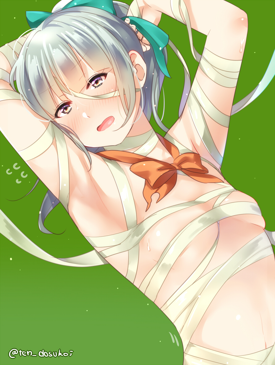 armpits arms_up bangs blush bow bowtie breasts breasts_apart commentary_request eye_color_request eyebrows_visible_through_hair flying_sweatdrops green_background grey_hair halloween juurouta kantai_collection long_hair looking_at_viewer loose_bowtie open_mouth orange_neckwear sketch_eyebrows skindentation small_breasts solo twitter_username tying_hair upper_body yuubari_(kantai_collection)