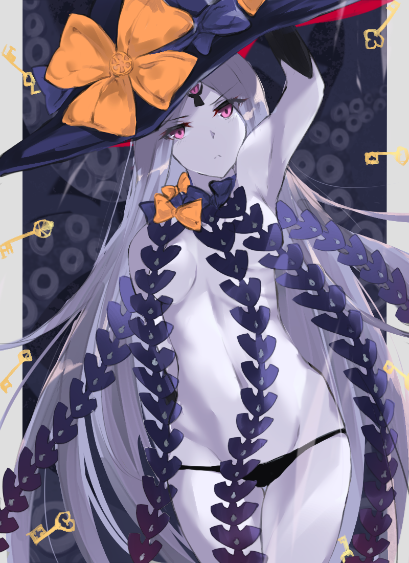 abigail_williams_(fate/grand_order) arm_up armpits bangs bare_shoulders black_bow black_hat black_panties bow breasts closed_mouth commentary fate/grand_order fate_(series) forehead hat hips key keyhole long_hair navel orange_bow panties parted_bangs red_eyes small_breasts solo tentacles thighs third_eye underwear white_hair white_skin witch_hat yuki_maccha_(yukimattya10)