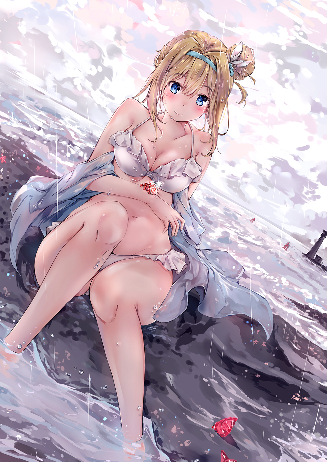 animal arm_support bangs bare_shoulders barefoot beach bikini blonde_hair blue_eyes blue_jacket blush breasts buoy cleavage closed_mouth cloud cloudy_sky collarbone dutch_angle frilled_bikini frills girls_frontline groin hair_bun hair_ornament hairband hermit_crab highres hmw_(pixiv7054584) horizon jacket knees_up large_breasts lighthouse long_hair looking_at_viewer navel ocean off_shoulder open_clothes open_jacket outdoors partially_submerged rain shore side_bun sidelocks sitting sky smile solo suomi_kp31_(girls_frontline) swimsuit water water_drop waves white_bikini