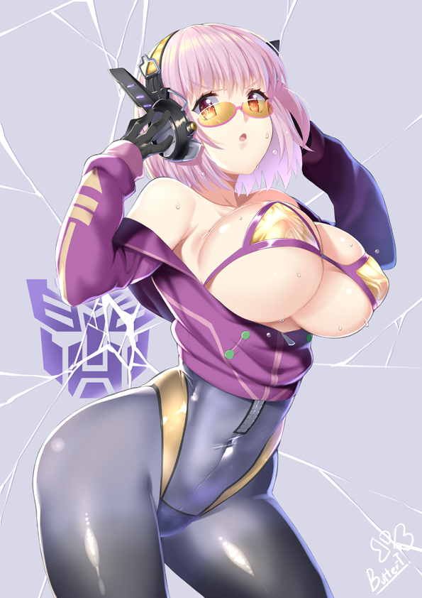 artist_name autobot bare_shoulders bikini black_gloves bodysuit breasts butter-t covered_navel covered_nipples emblem glasses gloves headphones large_breasts lavender_hair looking_at_viewer off_shoulder open_mouth red_eyes shinjou_akane short_hair signature simple_background skindentation solo ssss.gridman swimsuit transformers yellow_bikini zipper