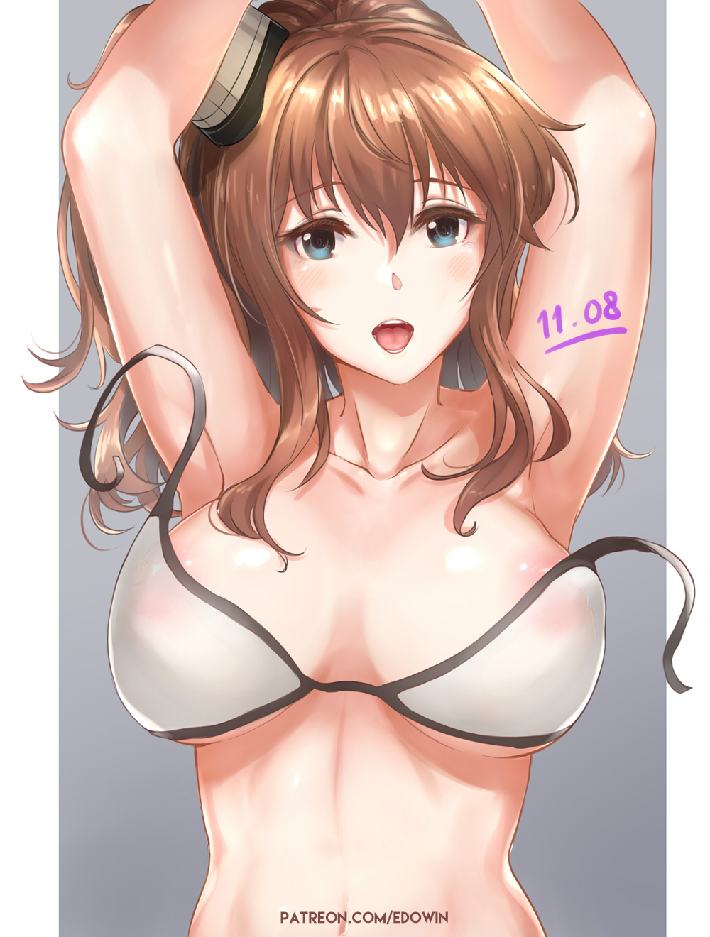 armpits arms_up bikini blue_eyes breasts breasts_day brown_hair collarbone edwin_(cyberdark_impacts) hair_between_eyes hair_ornament highres kantai_collection large_breasts looking_at_viewer nipples open_mouth ponytail saratoga_(kantai_collection) side_ponytail sidelocks smokestack solo swimsuit untied untied_bikini watermark web_address white_bikini white_bikini_top