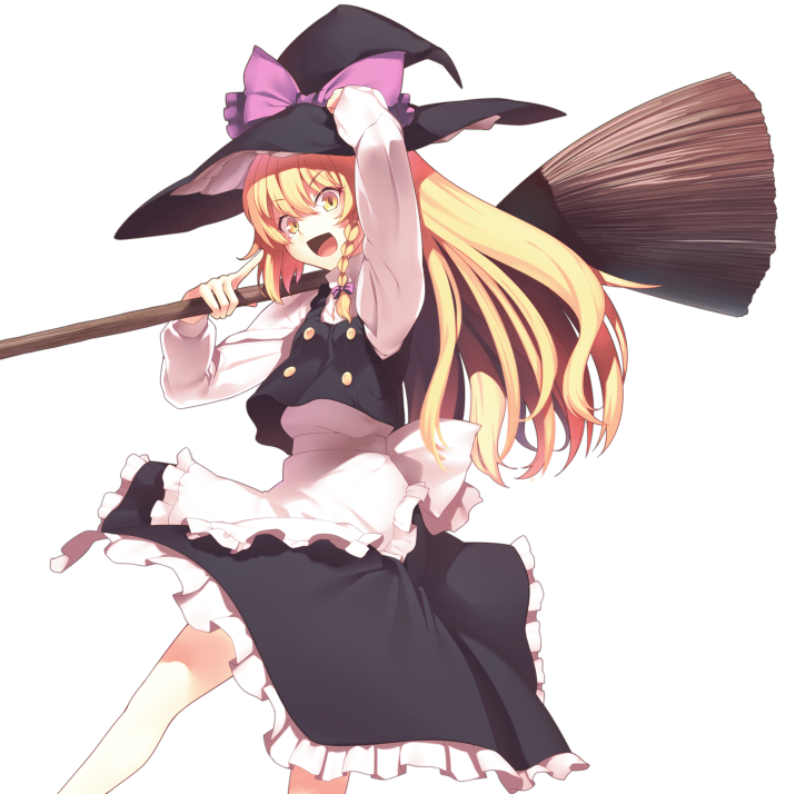 :d apron arm_up bangs black_hat black_skirt black_vest blonde_hair bow braid broom commentary_request eyebrows_visible_through_hair feet_out_of_frame frilled_apron frills hair_between_eyes hair_bow hat hat_bow holding holding_broom kaiza_(rider000) kirisame_marisa long_hair long_sleeves looking_at_viewer open_mouth petticoat pointing pointing_at_self purple_bow shirt single_braid skirt skirt_set smile solo touhou transparent_background vest waist_apron white_apron white_shirt yellow_eyes