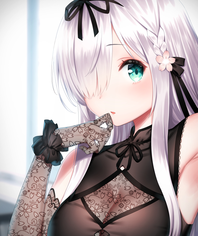 bare_shoulders black_bow black_dress black_ribbon blurry blurry_background blush bow braid brown_gloves commentary depth_of_field dress elbow_gloves eyebrows_visible_through_hair flower gloves green_eyes hair_bow hair_flower hair_ornament hair_over_one_eye hand_up kamiki_kinu kinu_channel lace lace_gloves long_hair looking_at_viewer neck_ribbon parted_lips pink_flower ribbon see-through sidelocks silver_hair sleeveless sleeveless_dress solo virtual_youtuber yasuyuki