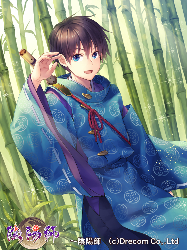 :d bamboo bamboo_forest blue_eyes brown_hair character_request company_name day detached_sleeves forest hand_up japanese_clothes male_focus nature official_art onmyoji open_mouth outdoors sheath sheathed smile sparkle standing sunlight sword watermark weapon wide_sleeves yamyom