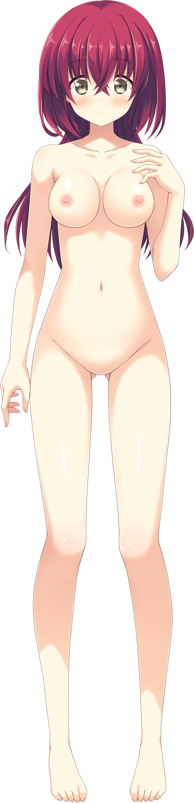 absurdres ass_visible_through_thighs bangs barefoot blush breasts brown_eyes collarbone crossed_bangs deatte_5-fun_wa_ore_no_mono! forearms_at_chest full_body highres ikegami_akane kurebayashi_kanon large_breasts long_hair long_image looking_at_viewer navel nipples no_pussy nude official_art red_hair solo standing tall_image transparent_background