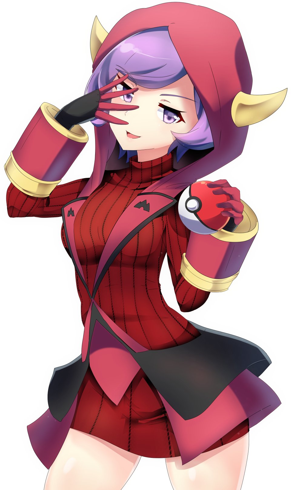 1girl breasts cowboy_shot dress eyebrows_visible_through_hair fake_horns female giseinina112 gloves hands_up happy highres holding holding_poke_ball hood horns jpeg_artifacts kagari_(pokemon) kagari_(pokemon)_(remake) long_sleeves looking_at_viewer matching_hair/eyes medium_breasts open_mouth poke_ball poke_ball_(generic) purple_eyes purple_hair red_dress shiny shiny_hair short_dress short_hair simple_background smile solo standing white_background